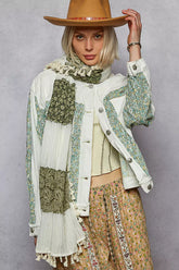 POL Button Down Patchwork Denim Jacket with Floral Print Details OutfitFlow